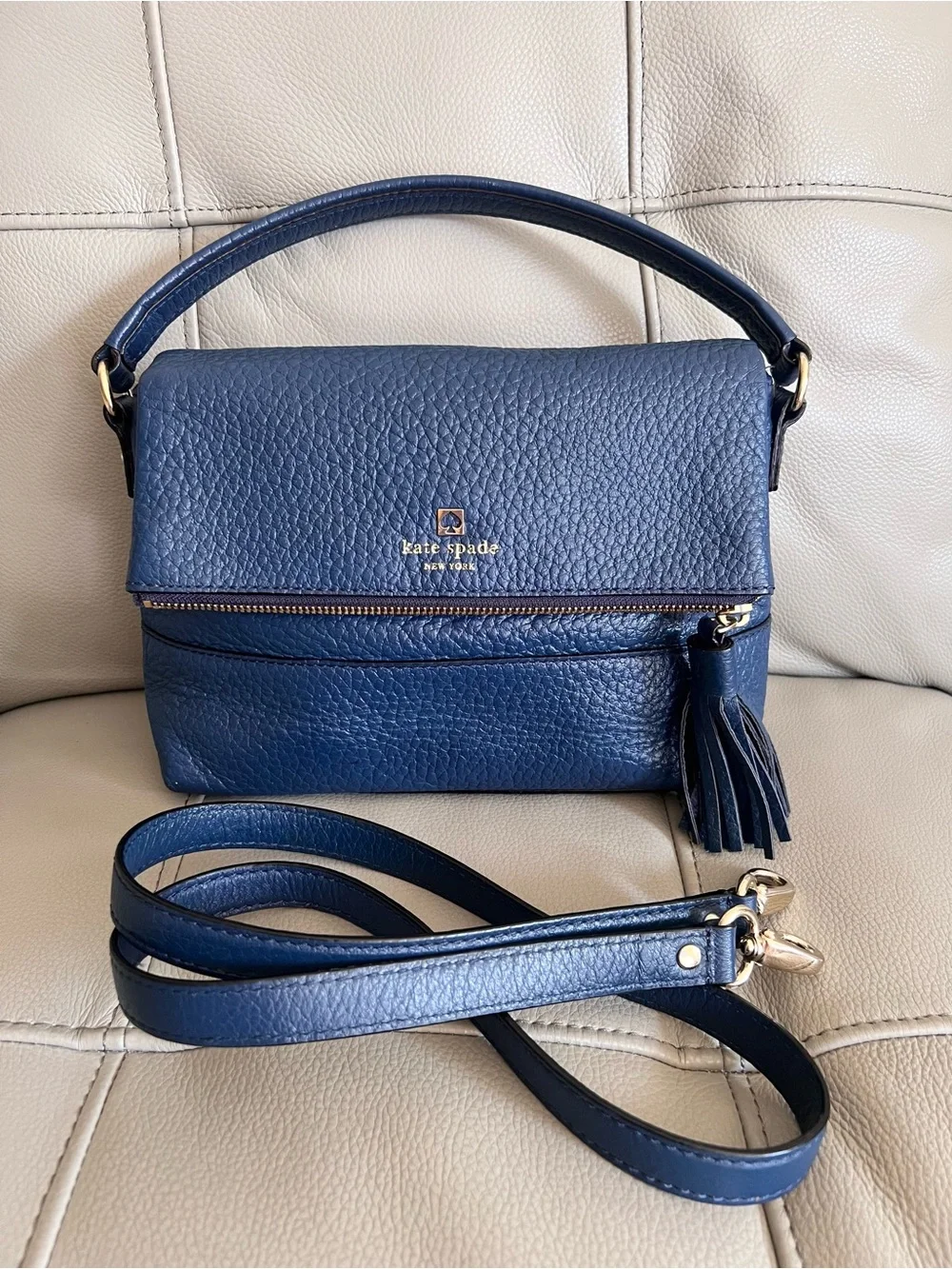Kate Spade New York Avenue Blue Leather Cross Body Bag with Tassel